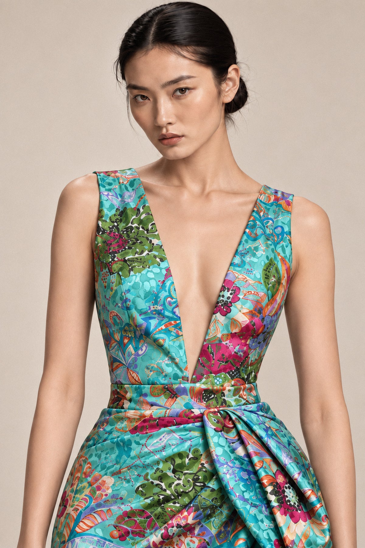 BOTANICAL SILK COLUMN GOWN