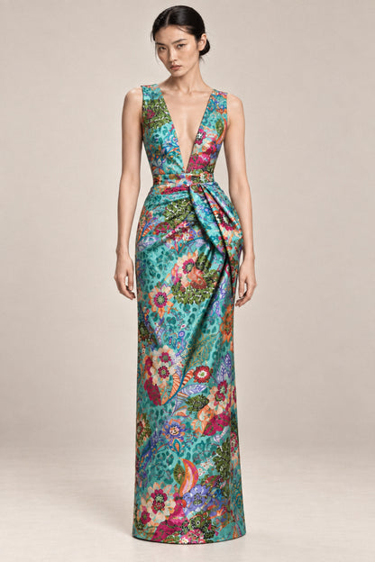 BOTANICAL SILK COLUMN GOWN