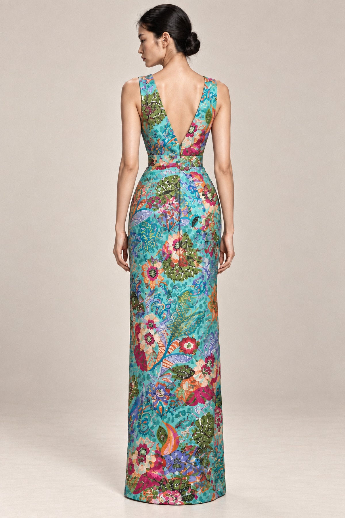 BOTANICAL SILK COLUMN GOWN