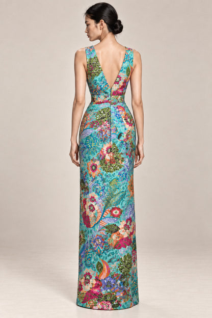 BOTANICAL SILK COLUMN GOWN