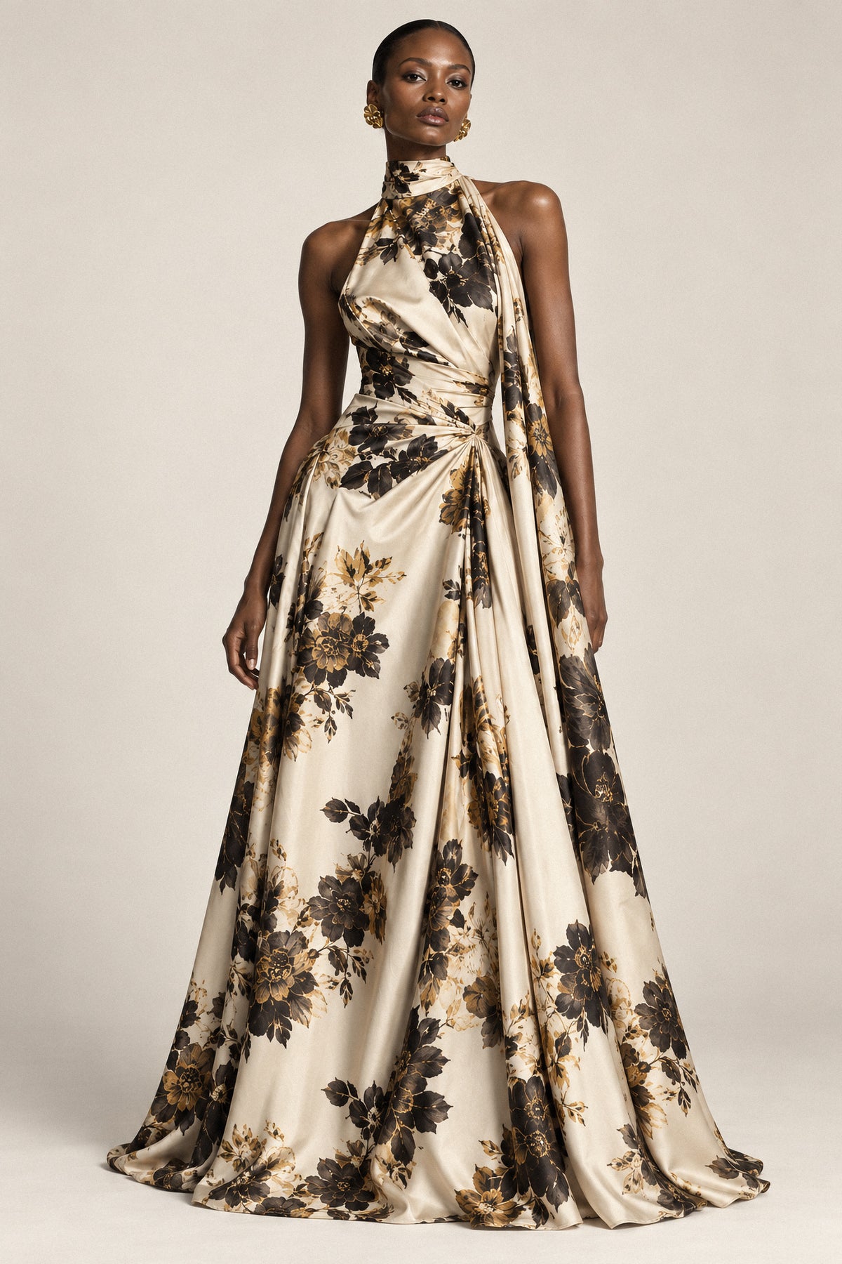 CHAMPAGNE FLORAL SILK HALTER GOWN