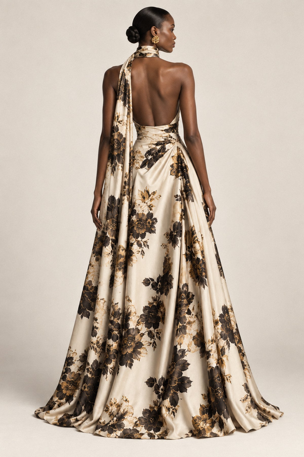CHAMPAGNE FLORAL SILK HALTER GOWN