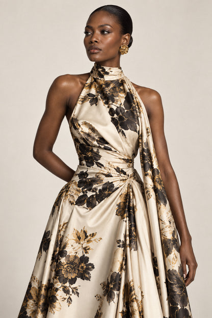 CHAMPAGNE FLORAL SILK HALTER GOWN