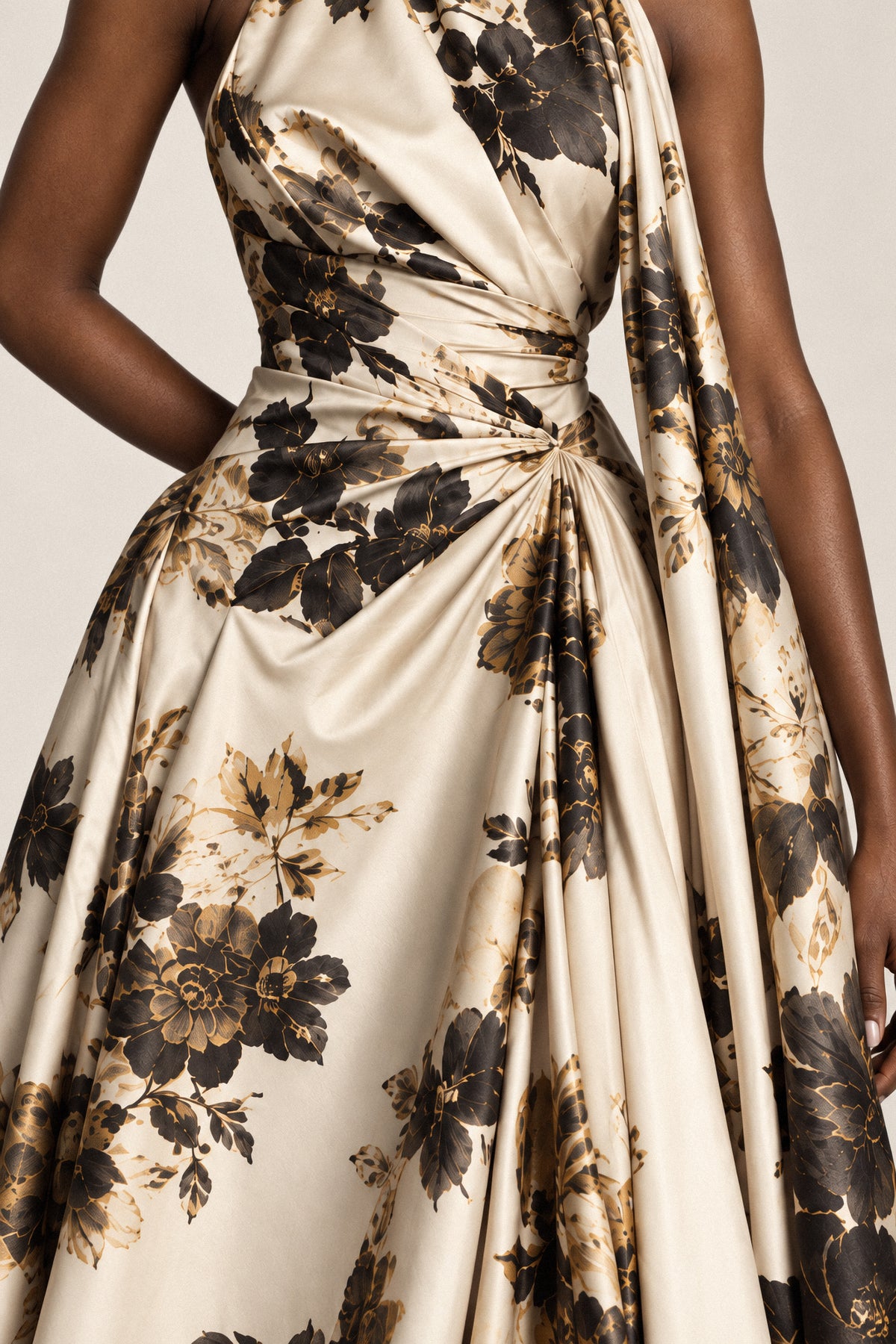 CHAMPAGNE FLORAL SILK HALTER GOWN
