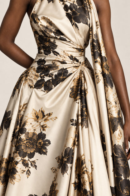 CHAMPAGNE FLORAL SILK HALTER GOWN