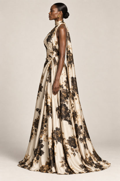 CHAMPAGNE FLORAL SILK HALTER GOWN