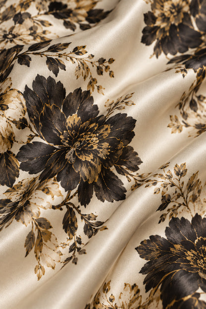CHAMPAGNE FLORAL SILK HALTER GOWN