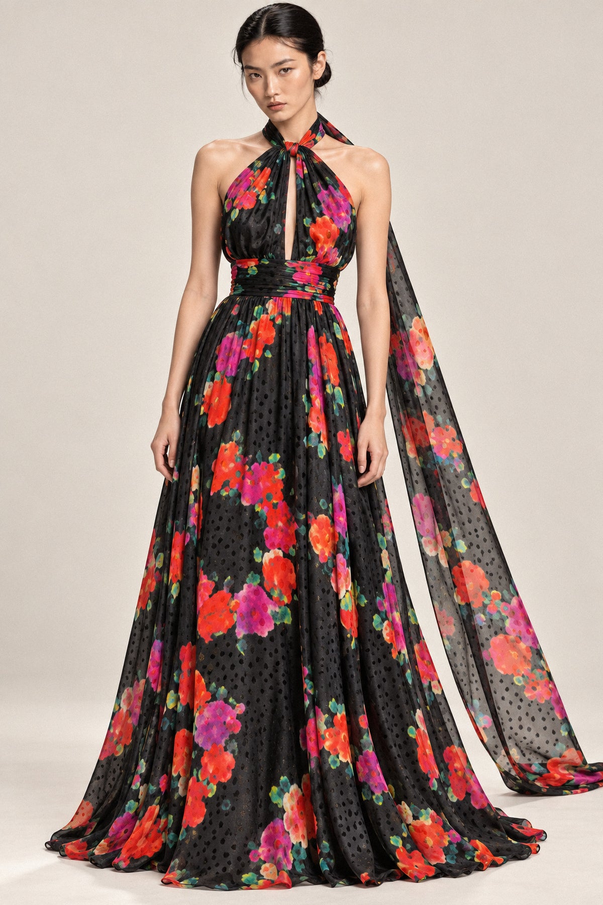 FLORAL SILK HALTER GOWN