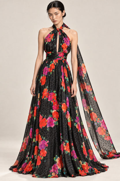 FLORAL SILK HALTER GOWN