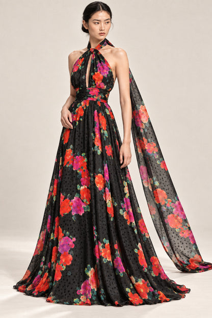 FLORAL SILK HALTER GOWN