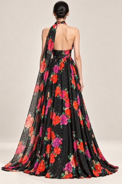 FLORAL SILK HALTER GOWN