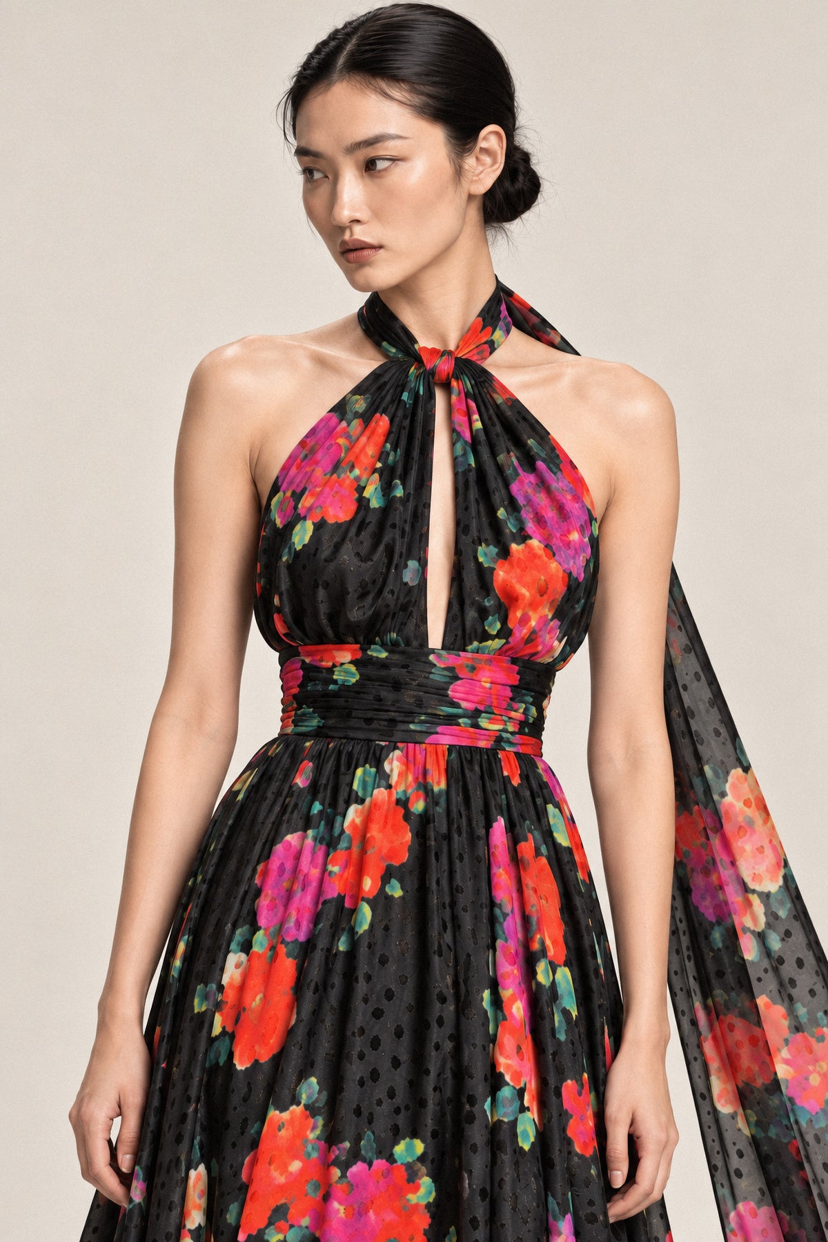 FLORAL SILK HALTER GOWN