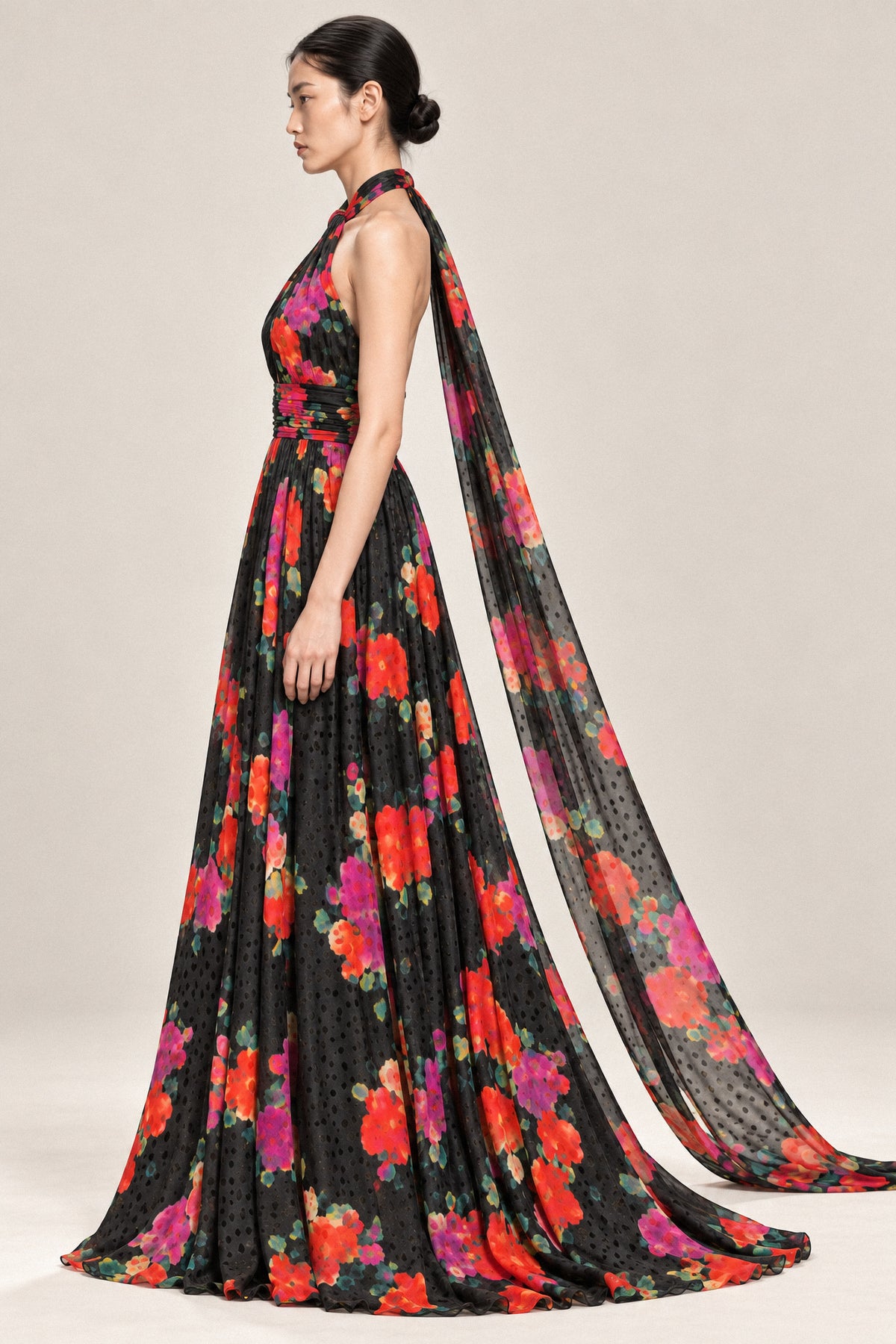 FLORAL SILK HALTER GOWN
