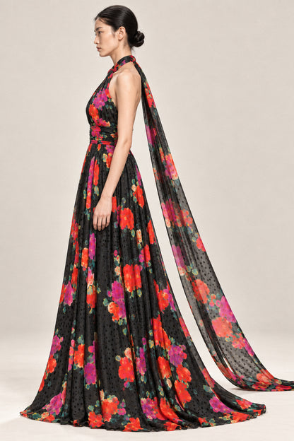 FLORAL SILK HALTER GOWN