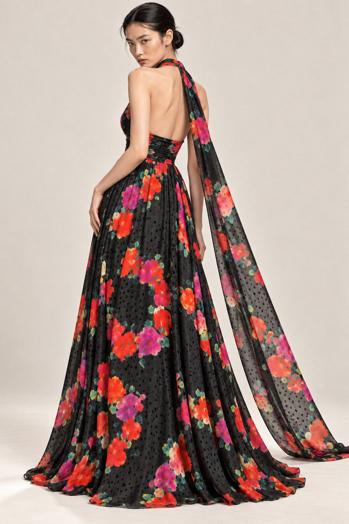 FLORAL SILK HALTER GOWN