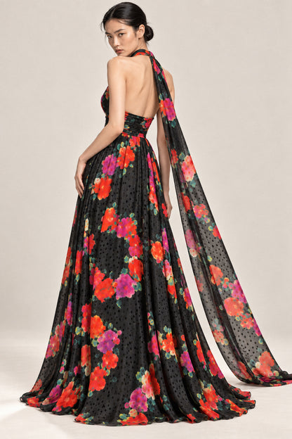 FLORAL SILK HALTER GOWN
