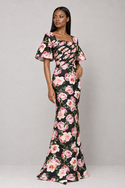 BLACK ROSE FOLDED SILK GOWN