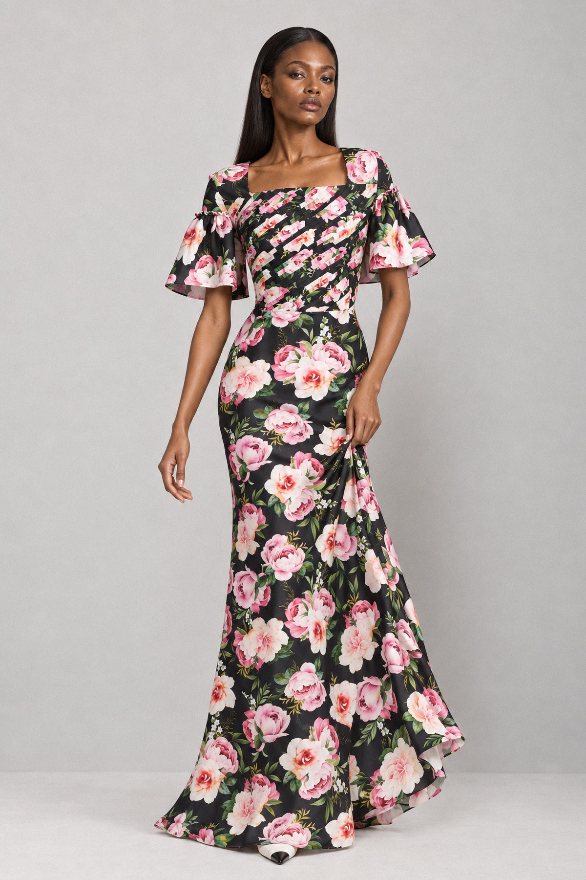 BLACK ROSE FOLDED SILK GOWN