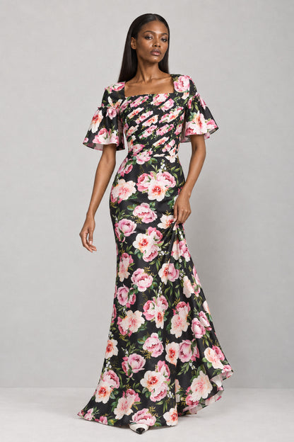 BLACK ROSE FOLDED SILK GOWN