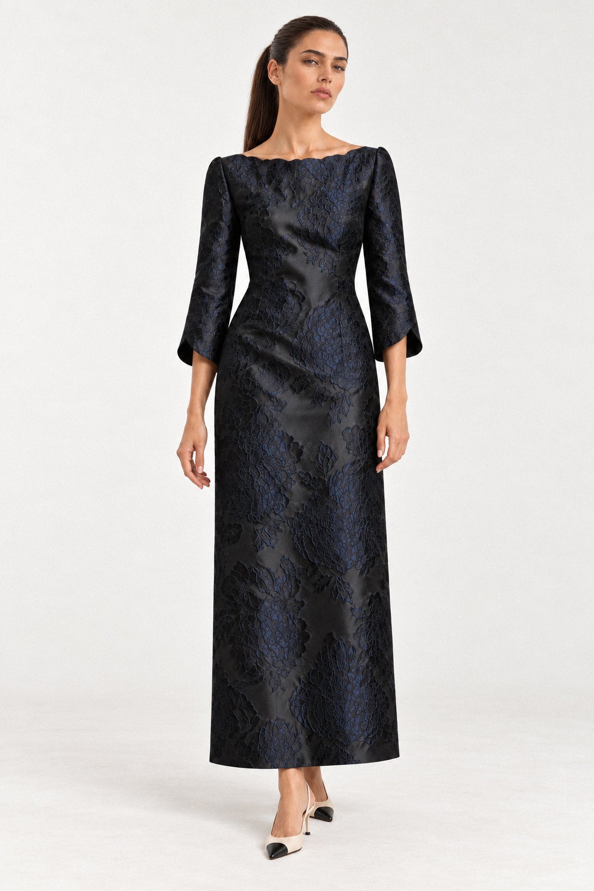 EMBOSSED FLORAL SILK TAFFETA DRESS