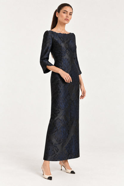 EMBOSSED FLORAL SILK TAFFETA DRESS
