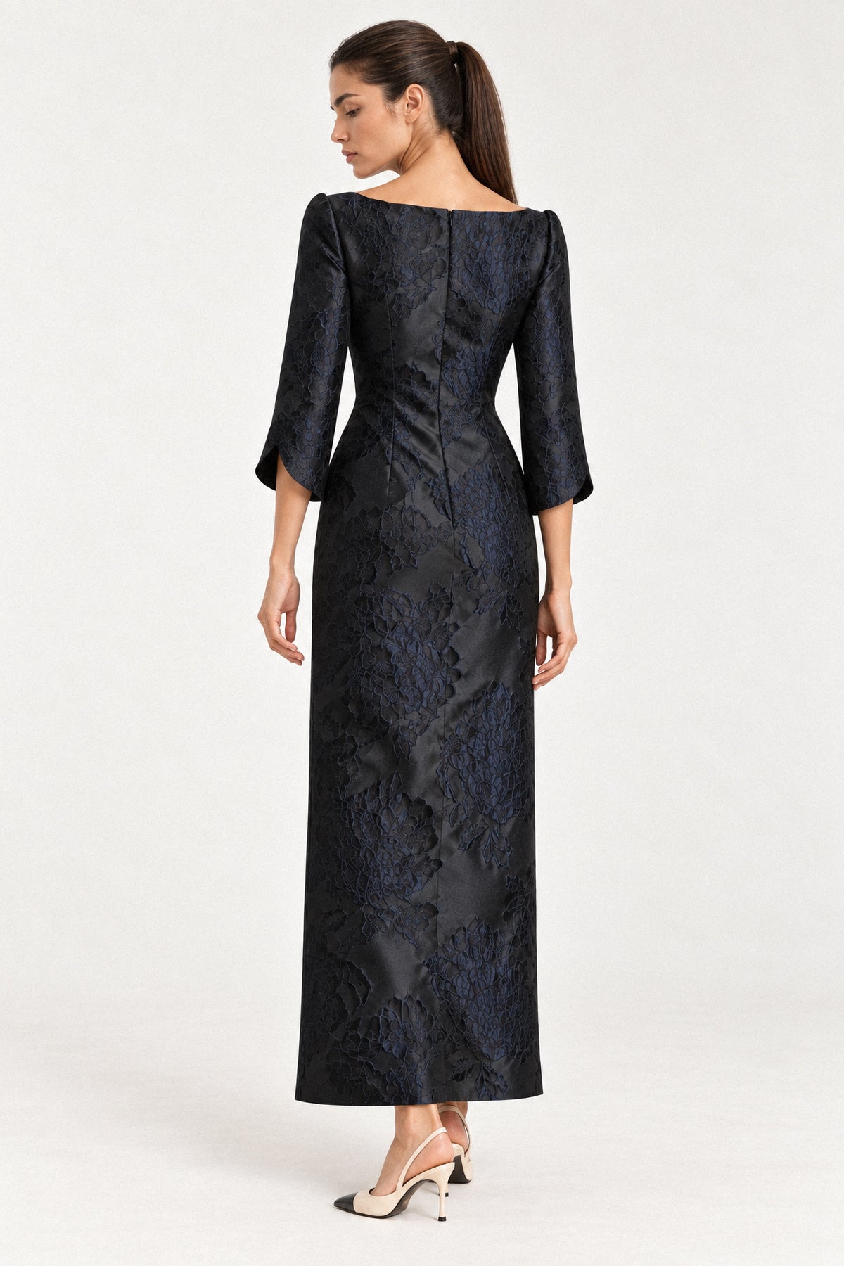 EMBOSSED FLORAL SILK TAFFETA DRESS