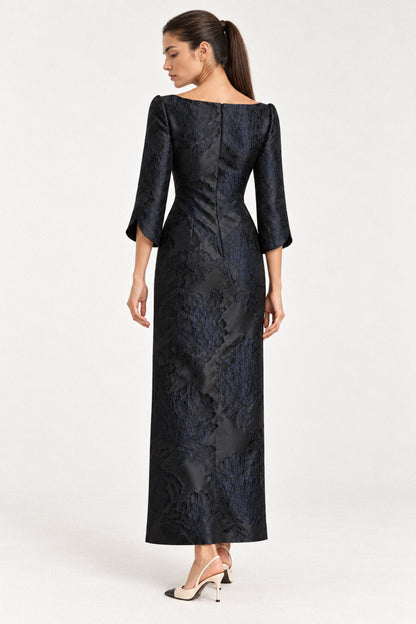 EMBOSSED FLORAL SILK TAFFETA DRESS