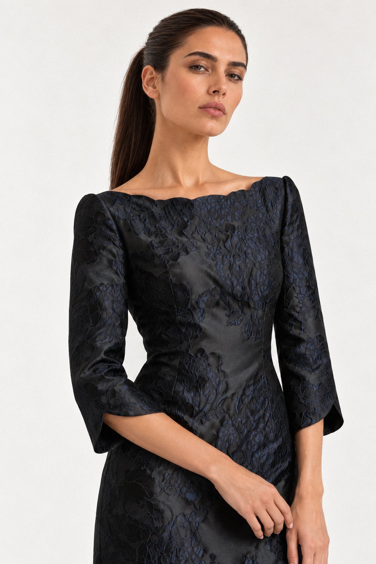 EMBOSSED FLORAL SILK TAFFETA DRESS