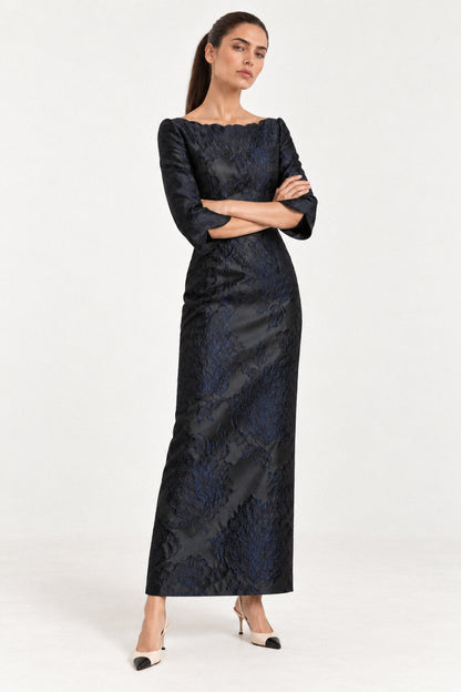EMBOSSED FLORAL SILK TAFFETA DRESS