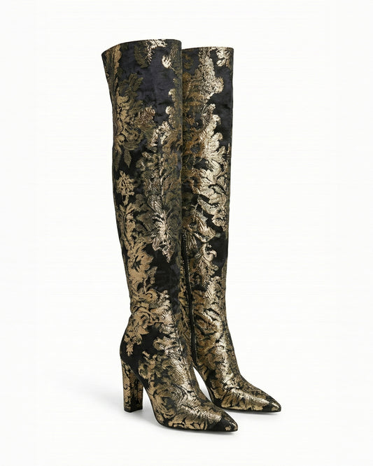 BROCADE KNEE-HIGH HEELS