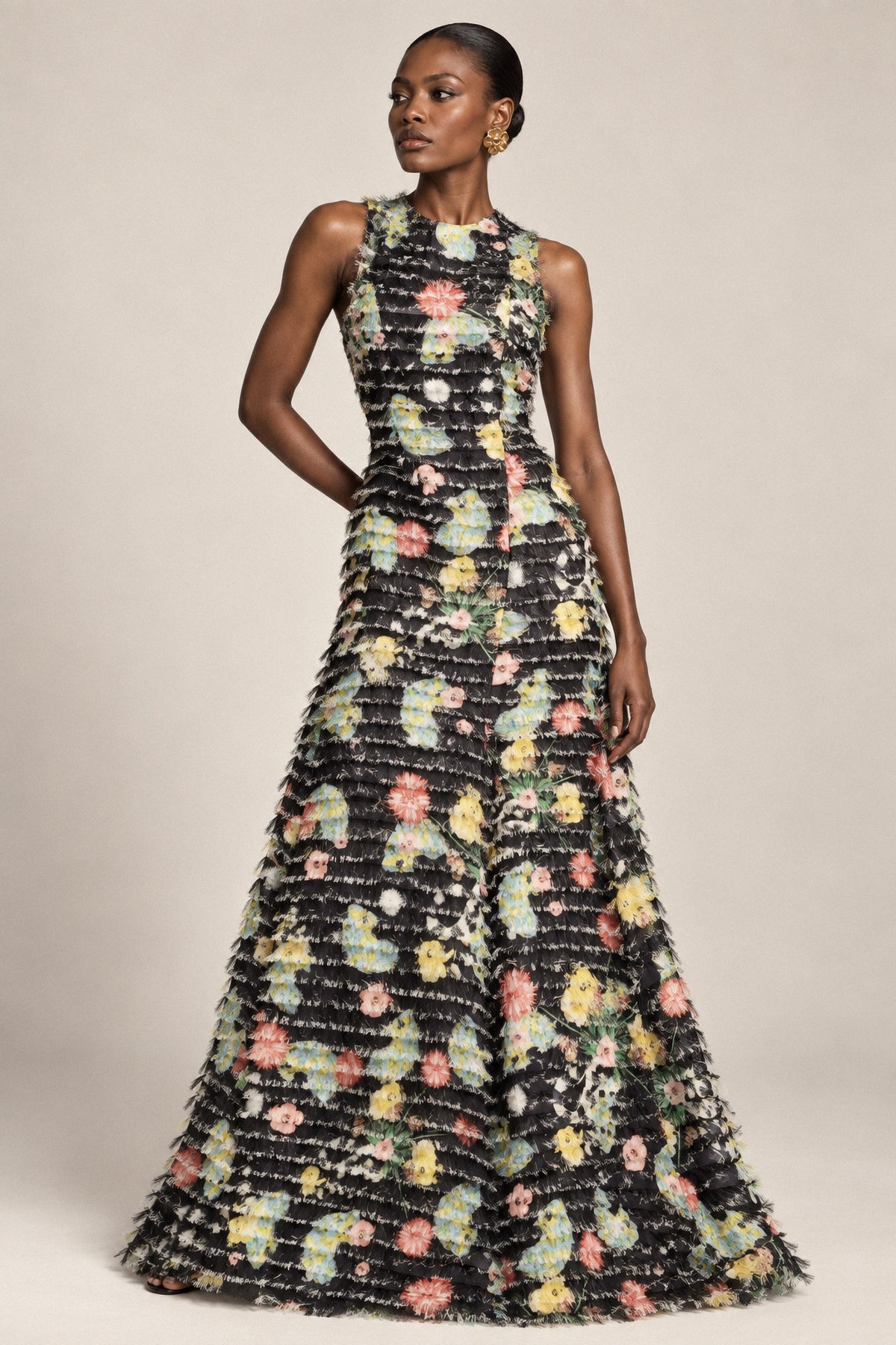 FRINGED FLORAL SILK GOWN