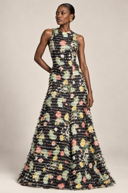 FRINGED FLORAL SILK GOWN
