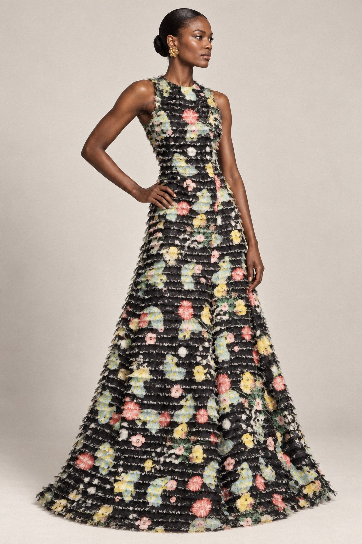 FRINGED FLORAL SILK GOWN
