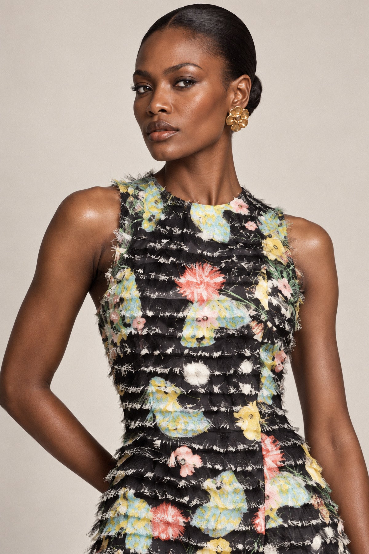 FRINGED FLORAL SILK GOWN