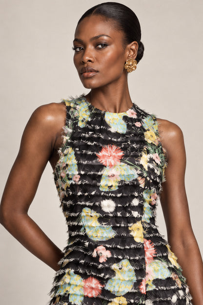 FRINGED FLORAL SILK GOWN