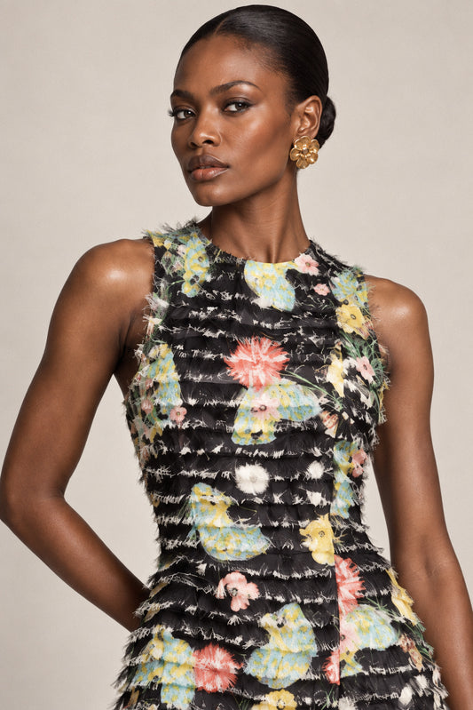 FRINGED FLORAL SILK GOWN