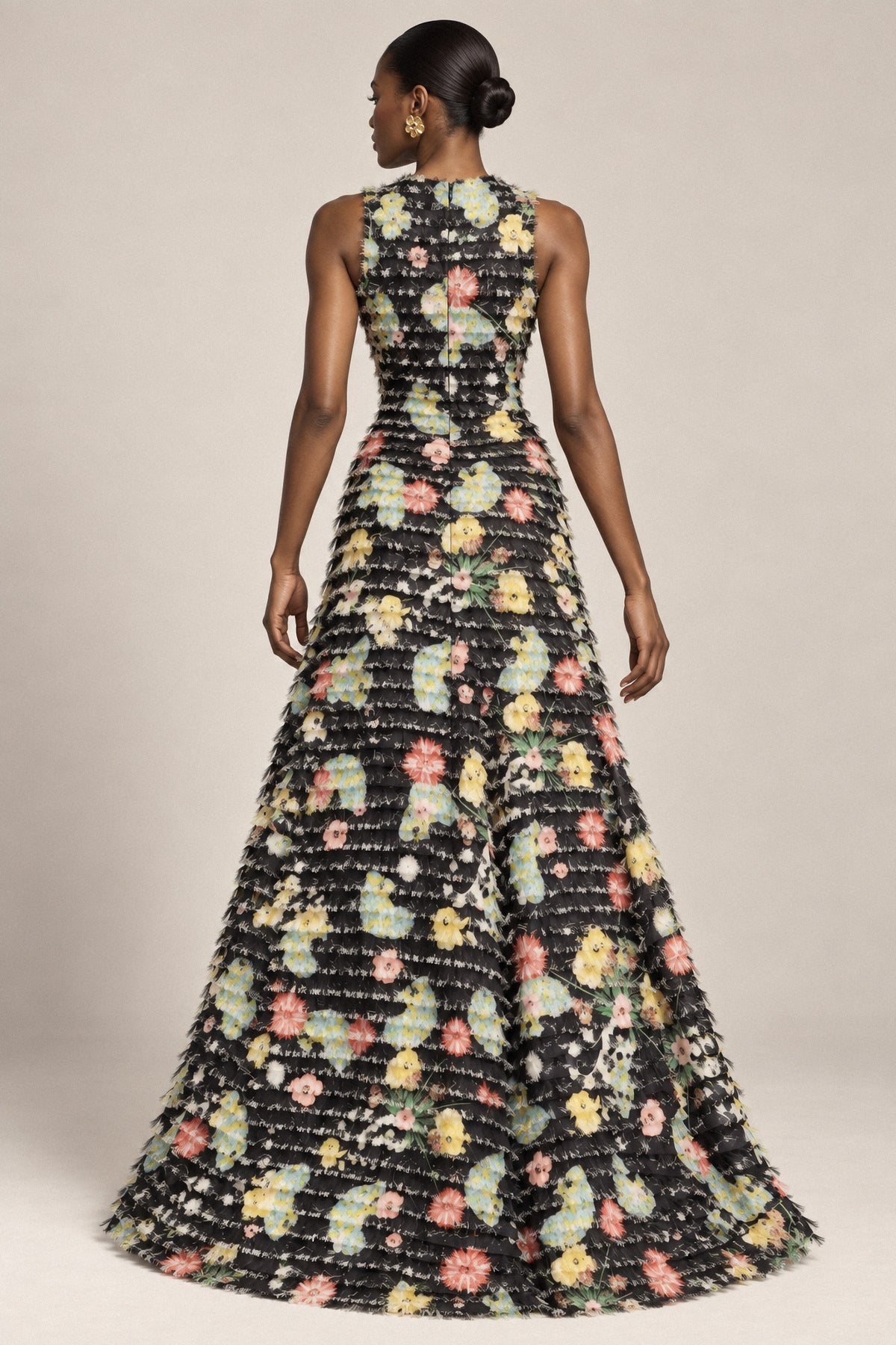 FRINGED FLORAL SILK GOWN