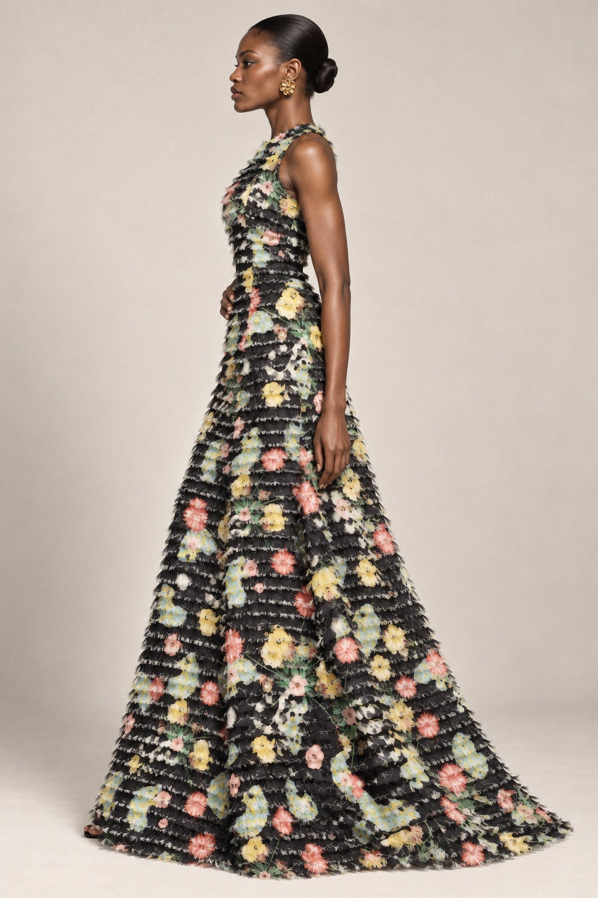 FRINGED FLORAL SILK GOWN