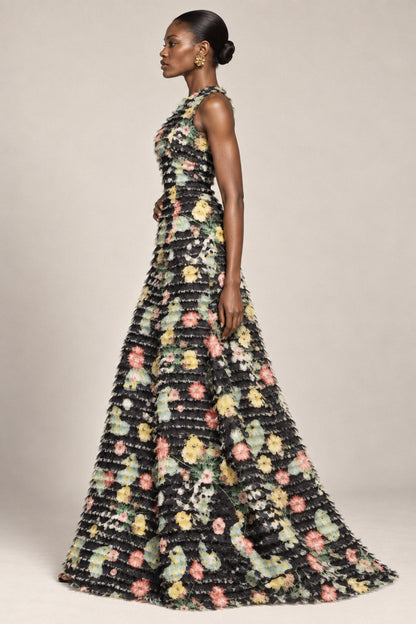 FRINGED FLORAL SILK GOWN