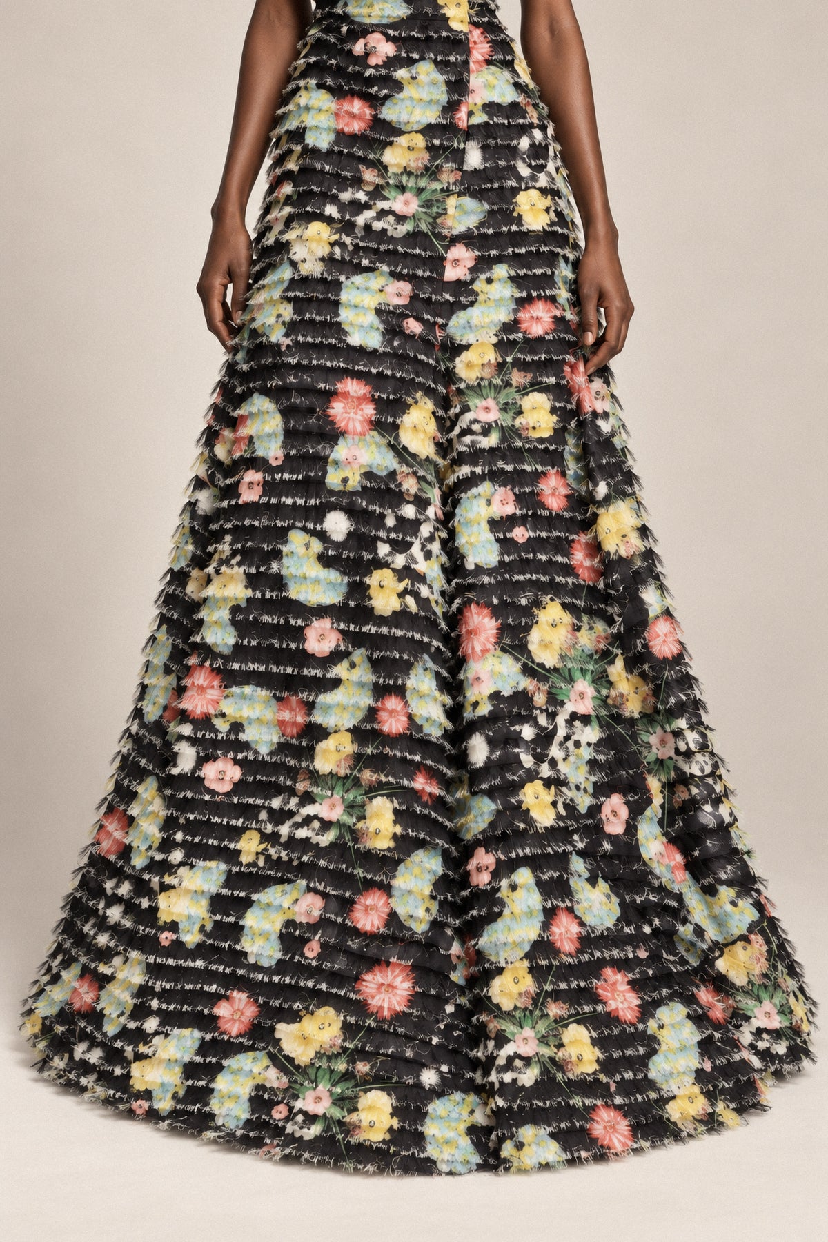 FRINGED FLORAL SILK GOWN