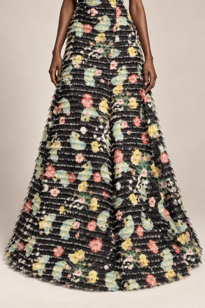 FRINGED FLORAL SILK GOWN