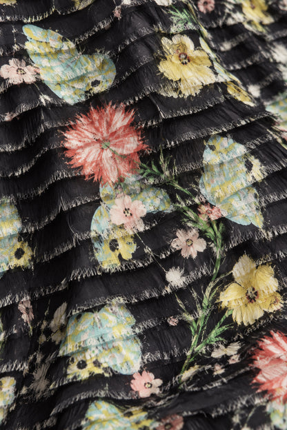 FRINGED FLORAL SILK GOWN