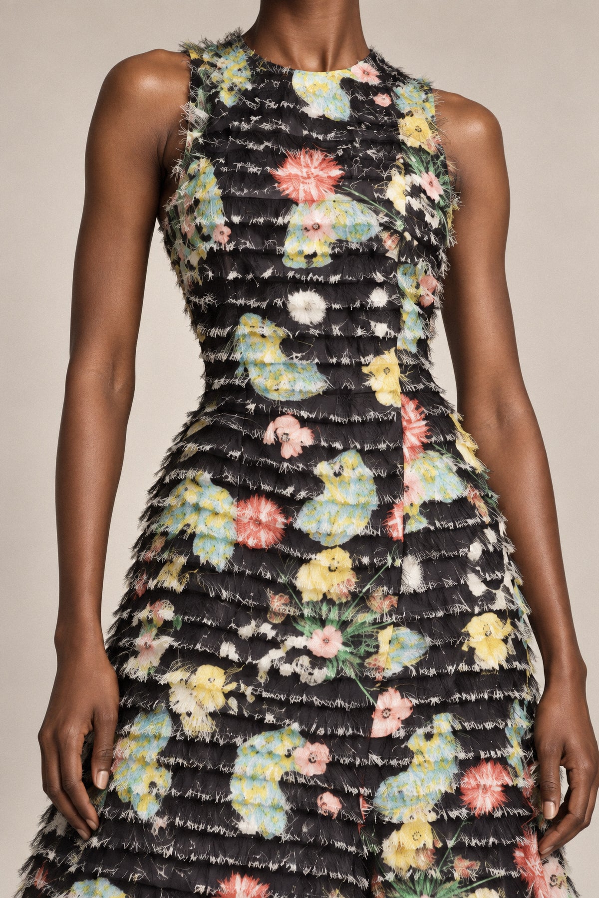 FRINGED FLORAL SILK GOWN