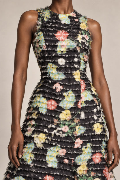 FRINGED FLORAL SILK GOWN