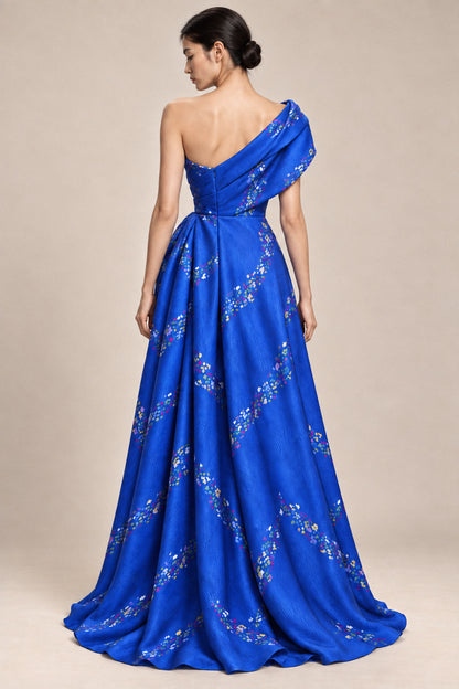 COBALT DRAPED SILK GOWN