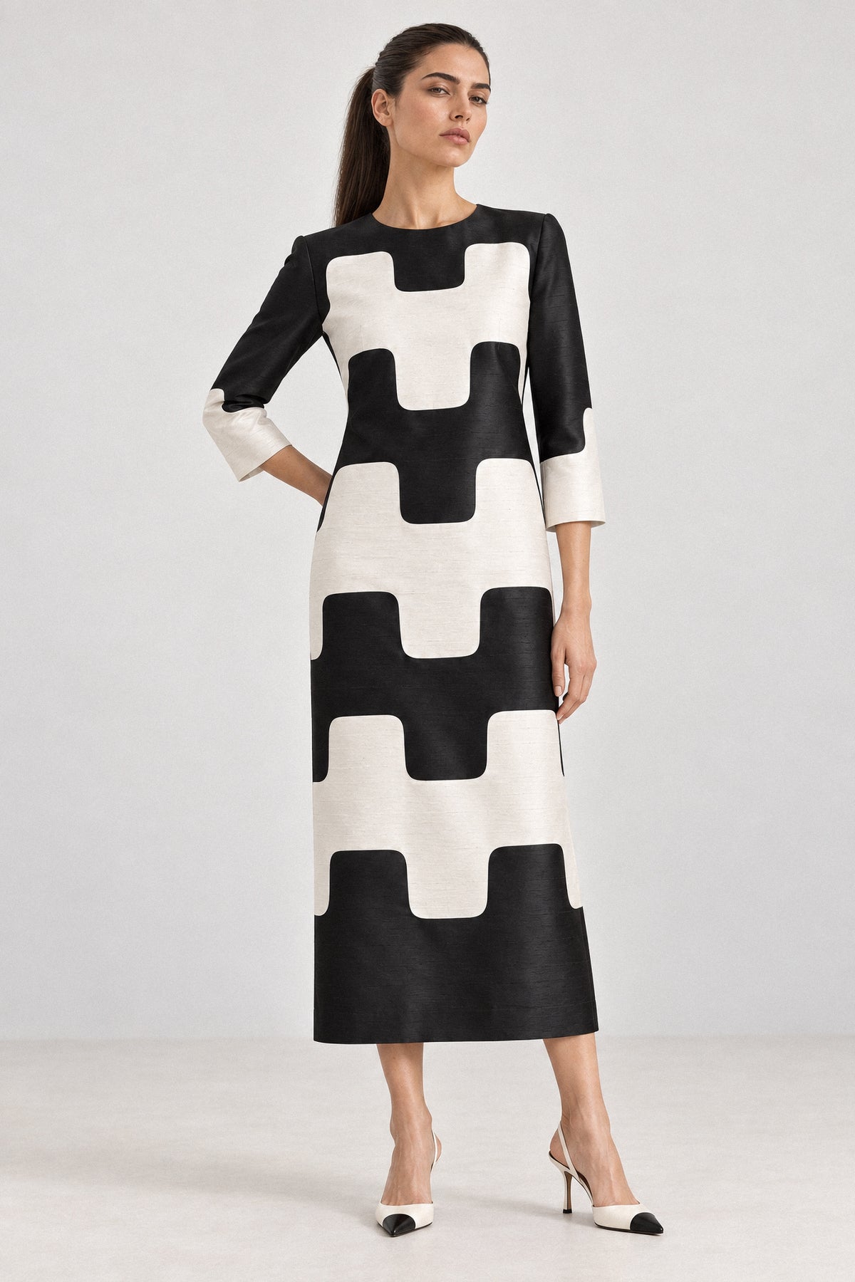 GRAPHIC SILK DUPION COLUMN DRESS