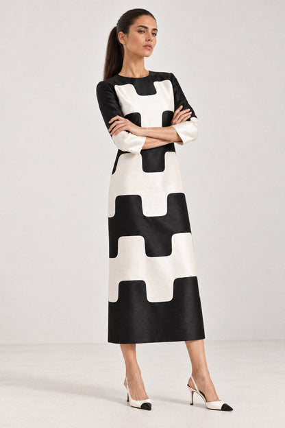 GRAPHIC SILK DUPION COLUMN DRESS