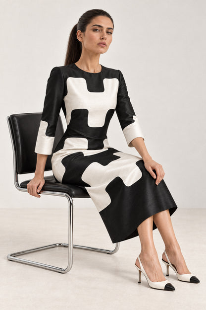 GRAPHIC SILK DUPION COLUMN DRESS