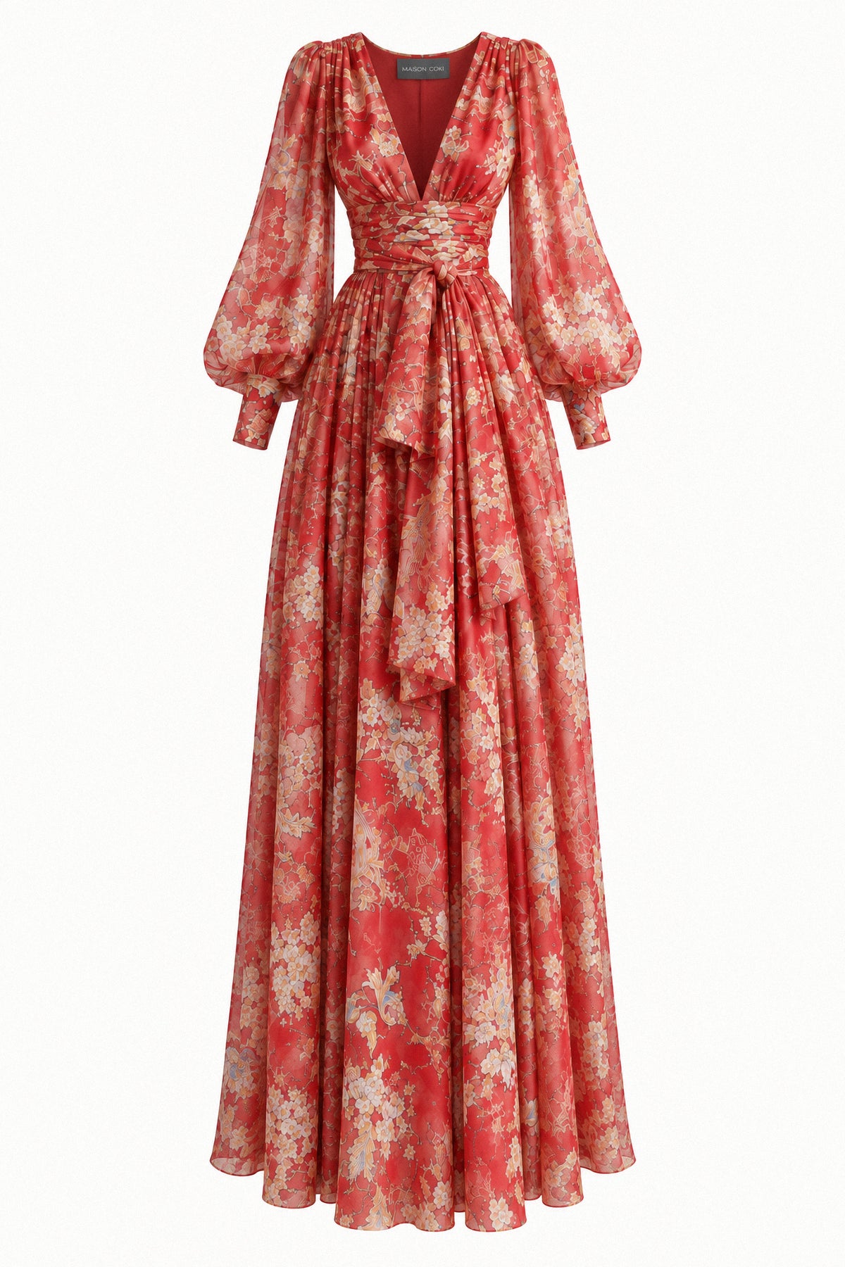 RED PRINTED SILK CHIFFON GOWN