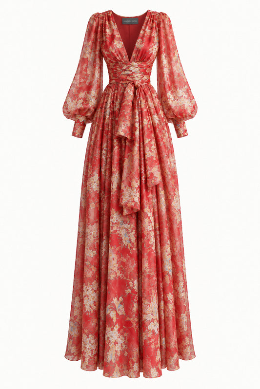 RED PRINTED SILK CHIFFON GOWN